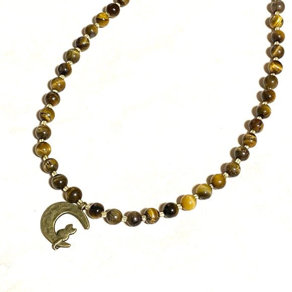 Tigers Eye Bronze Cat on the Moon Necklace, Genuine Gemstone Beaded Necklace - Picture 5 of 10
